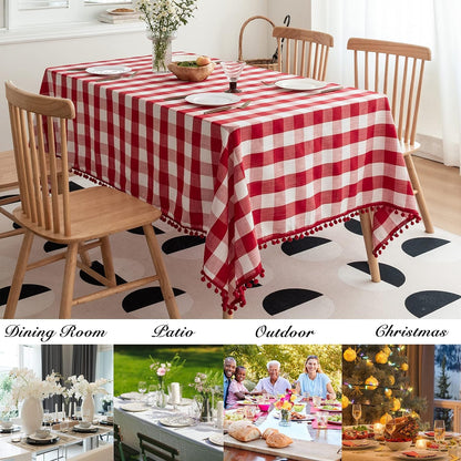 Square Buffalo Plaid Tablecloth Red White 60" Wx84 L with Tassel4