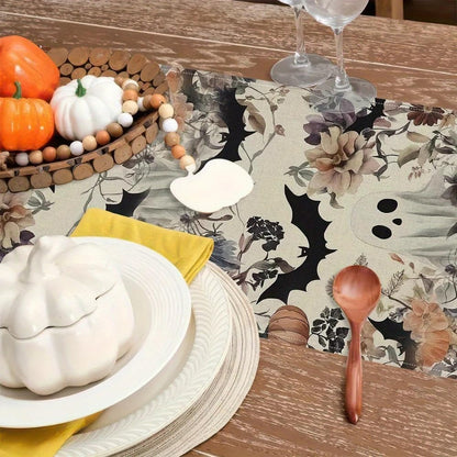 Halloween Ghost Pumpkin Bat Table Runner, Cute Flower Seasonal Linen Dinning Kitchen Decor for Holiday Home Party Decoration 13X90 Inch3