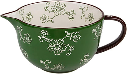 Cherry Blossom Pattern Kitchen Ceramic Mixing Bowl, 1 Quart Large Bowl, with Pouring Spout and Handle1