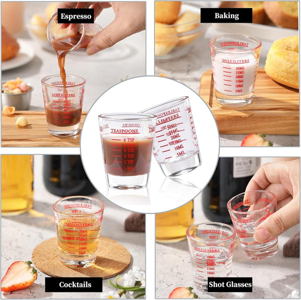 Shot Glass Measuring Cup, 2PCS Measuring Shot Glasses, Thick Base Liquid Measuring Cup for Espresso Shot Glass and Measuring Glasses, Four Different Units of Measure(1 OZ, 2 TBS, 6 TSP, 30 ML)4