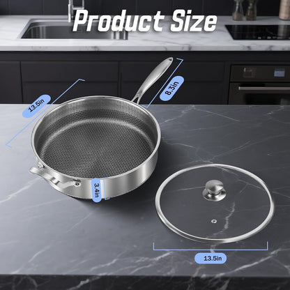 Frying Pans Nonstick Wih Lid, Non Stick Tri-Ply Stainless Steel Saute Pan, 8 Quarts Large Sauté Pan, 13.5 Inch Induction Cooking Pan, Dishwasher and Oven Safe, PFOA Free6
