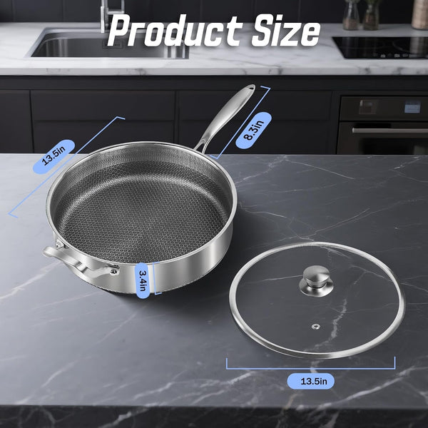 Frying Pans Nonstick Wih Lid, Non Stick Tri-Ply Stainless Steel Saute Pan, 8 Quarts Large Sauté Pan, 13.5 Inch Induction Cooking Pan, Dishwasher and Oven Safe, PFOA Free6