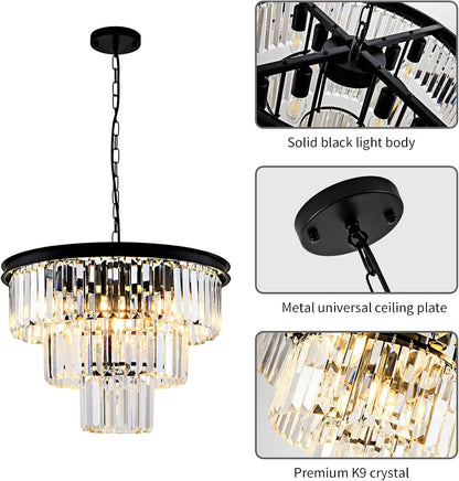 8 Light Modern Crystal Chandelier 20'' Black Chandeliers for Dining Room Contemporary Pendant Light Fixture round 3-Tier Adjustable Height E12 for Living Room, Foyer, Entryway, Bedroom6