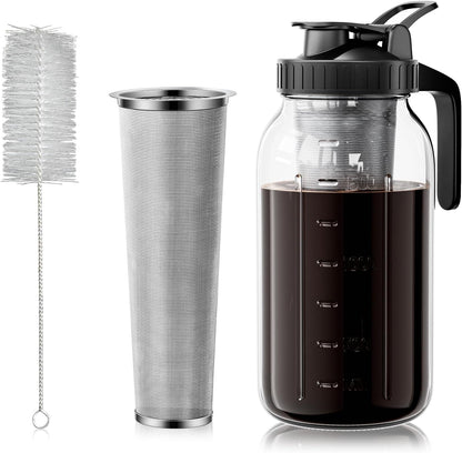 64 Oz Cold Brew Coffee Maker, Mason Jar Pitcher with 304 SS Filter | 100Μm Fine Mesh, Stainless Steel Filter, Airtight, Leakproof, Pour Flip Spout, Ergonomic Handle, Wide Mouth, Heavy-Duty Glass1