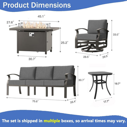 Aluminum Outdoor Patio Furniture Set,5 Pieces 5 Seats Metal Patio Sectional Furniture Set,Patio Conversation Sets with 45" Propane Fire Pit Table,Swivel Rocking Chairs Set,Grey7