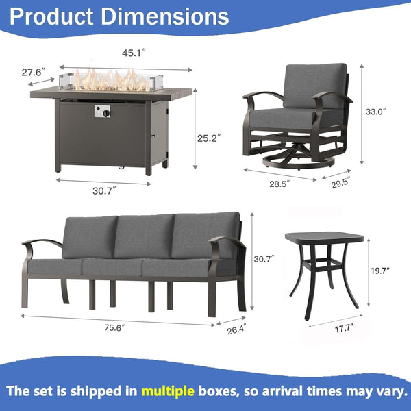 Aluminum Outdoor Patio Furniture Set,5 Pieces 5 Seats Metal Patio Sectional Furniture Set,Patio Conversation Sets with 45" Propane Fire Pit Table,Swivel Rocking Chairs Set,Grey7