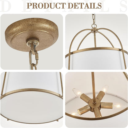 Rustic Modern Chandelier for Entryway, Dining Room Chandelier with Off-White Fabric Shade, Gold Pendant Light Fixture for Bedroom Kitchen Farmhouse4
