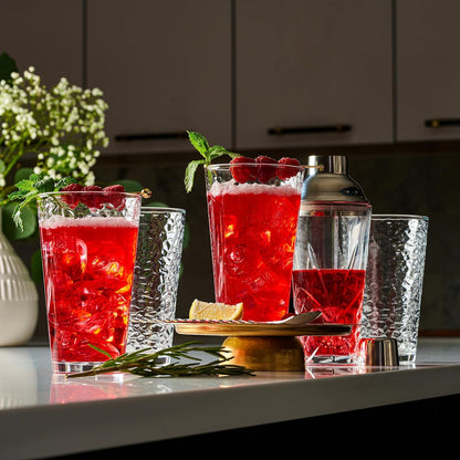 Set of 10 Hammered Glass Cups, Clear Heavy Base Drinking Glasses | 16Oz, Stackable, Durable, Dishwasher Safe, Freezer Safe, Non Slip, 100% Food Grade, BPA Free, Secure Packaging, Eco-Friendly3