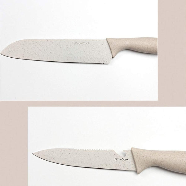 Cutlery Baby Food Scissors Stainless Steel Chef Kitchen Knife Set Five Pieces Nakiri,Steak,Santoku,Serrated, Paring Knife Set with Kitchen Shears Peeler for Vegetable Fruit Potato Ceramics (Beige)4