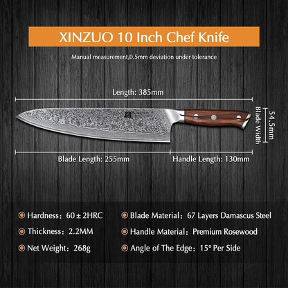 10 Inch Damascus Chef Knife Kitchen Knife Sharp Gyuto Knife Stainless Steel Fashion Professional Chef'S Knife with Rosewood Handle3