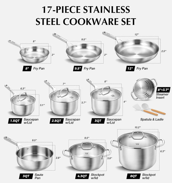 Stainless Steel Cookware Set 17 Piece with 5 Layer Base, Professional 18/10 Stainless Steel Pots and Pans Set, Oven Safe, Induction Ready, Non-Toxic Kitchen Cookware Set4