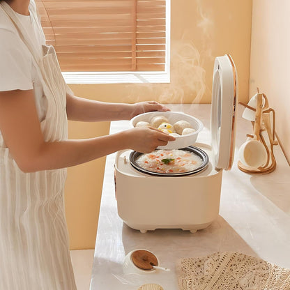 2L Smart Rice Cooker, Low Carb Rice Cooker for Small Homes, Timer, Keep Warm, Non-Stick, 6 People, White with Gold Trim3