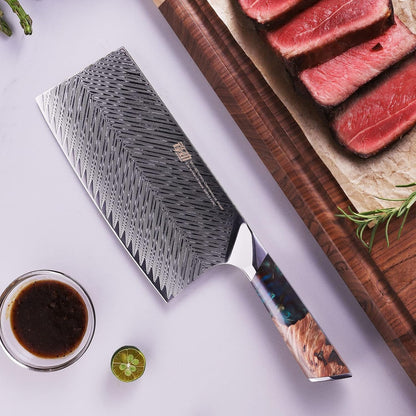Nebula Series Cleaver Knife, Multipurpose Chinese Chef Knife, 10Cr15Comov Damascus Steel Blade, Resin and Figured Sycamore Handle, Full Tang, 7 Inch, Blue, for Meat, Vegetable Shredding6