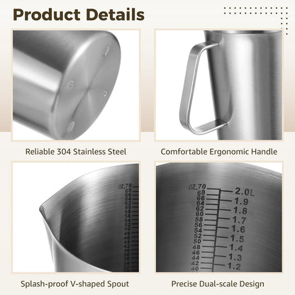 2L Stainless Steel Pitcher with Lid, 70 Oz Measuring Cup with Dual-Scale Markings, Milk Frothing Jug, Large Beaker for Espresso Machine, Hot/Cold Water, Latte Art, Iced Tea3