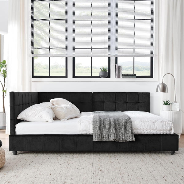 Full Size Daybed L-Shaped, Modern Velvet Upholstered Sofa Day Bed Frame with Wood Slats for Living Room Bedroom Guest Room, No Box Spring Needed, Black7