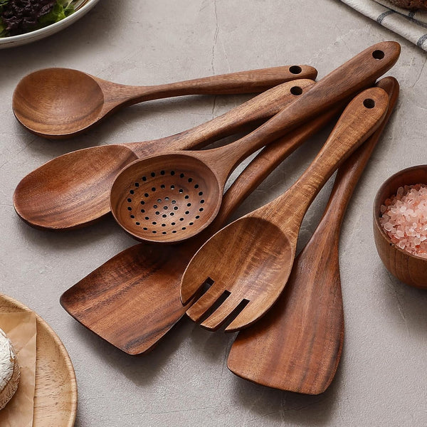 6-Piece Natural Teak Wooden Utensils Set, Wooden Spoons Set for Cooking - Heat Resistant, Natural Healthy Spatula Set with Hanging Holes - Durable, Scratch-Free & Handcrafted4