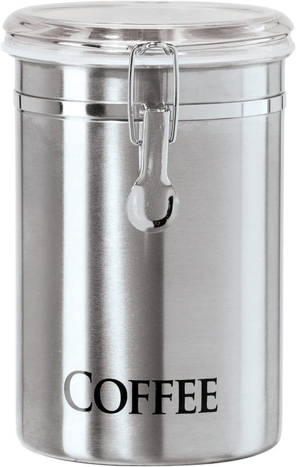 Oggi Stainless Steel Coffee Canister 62 Fl Oz - Airtight Clamp Lid, Clear See-Thru Top - Ideal for Coffee Bean Storage, Ground Coffee Storage, Kitchen Storage, Pantry Storage. Large Size 5" X 7.5".1