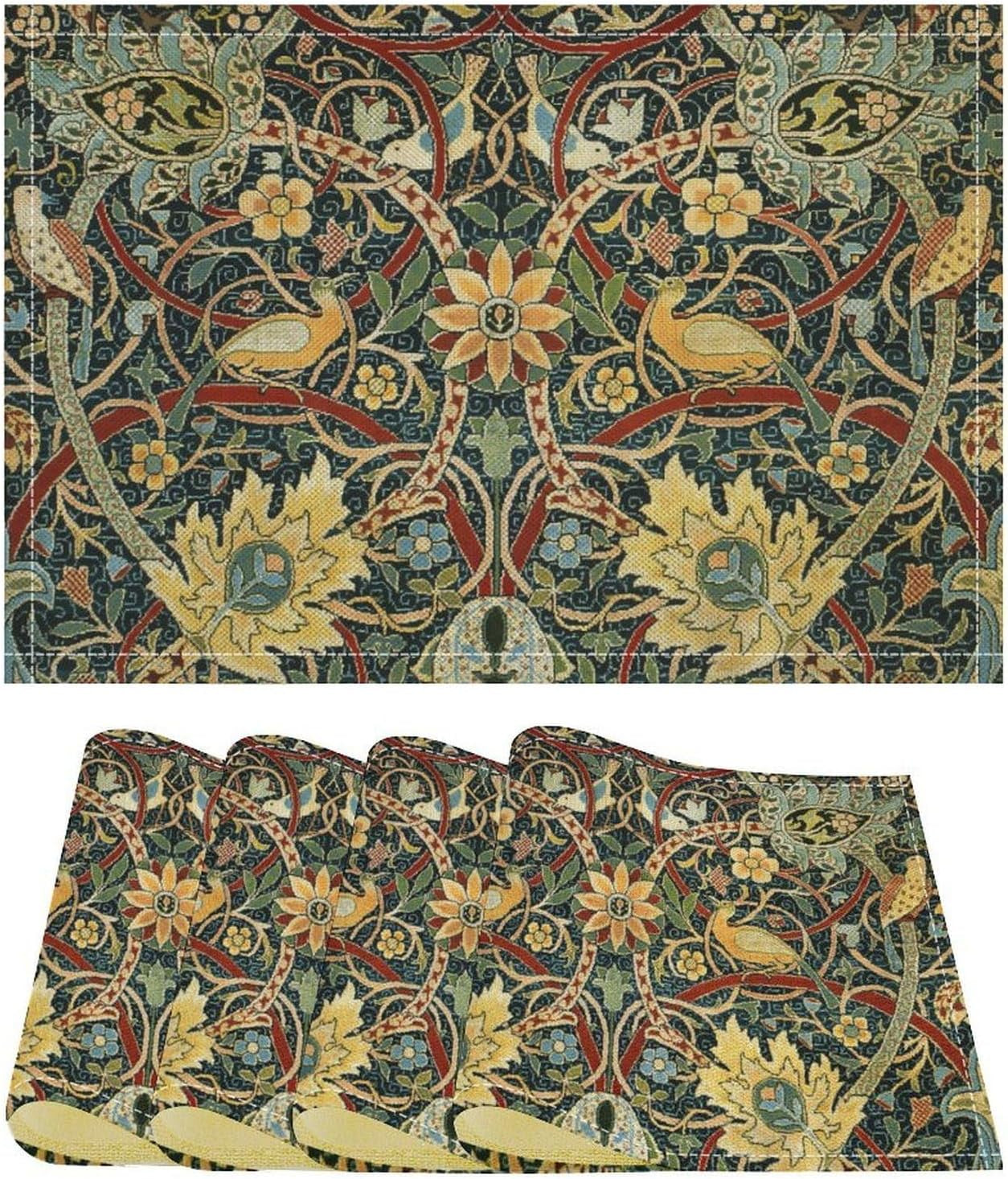 william-morris-floral-placemats-flower-bird-decorative-table-mat-antique-native-heat-resistant-place-mats-for-dining-kitchen-party-holiday-decor-12x18inch-set-of-4