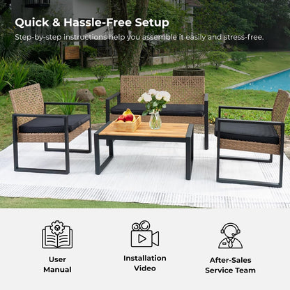 4-Piece Patio Furniture Set with Acacia Wood Tabletop, PE Rattan Conversation Sofa Set, Steel Frame Outdoor Seating for Balcony Porch Garden Backyard Lawn, Black Cushions Light Brown Wicker8