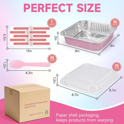 (35 Pack)Pink 8X8 Inch Disposable Aluminum Foil Pans&Square Cake Pans for Parties, Clear Plastic Lids,Eco-Friendly Baking Trays with Stickers&Cake Spoons,Picnics,Casseroles,Takeout,Recyclable Cookware2