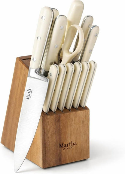 Eastwalk 14 Piece High Carbon Stainless Steel Cutlery Kitchen Knife Block Set W/Abs Triple Riveted Forged Handle Acacia Wood Block - Linen White1