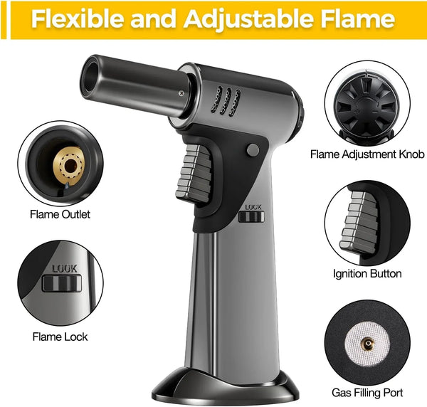 Butane Torch, Refillable Kitchen Cooking Torch Lighter | Safety Lock, Adjustable Flame, for BBQ, Baking, Brulee Creme, for Crafts and Soldering, Butane Gas Not Included3