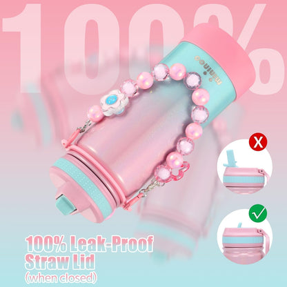 Kids Water Bottle for School - 16 Oz Stainless Steel Insulated Water Bottle with Ceramic-Lined, Leakproof Straw Lid & Beaded Handle for Girls & Boys3