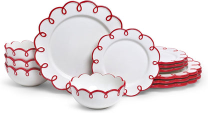 12-Piece Stoneware Dinnerware Set for 4, Glossy White Plates and Bowls Sets with Red Scalloped Rims, Premium Dish Set, Dishes for Hosting Parties, Birthday & Wedding Gifts, Splash of Cheers1