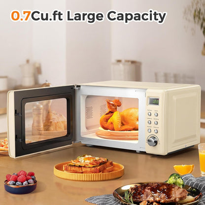 Retro Microwave 0.7Cu.Ft, 700 Watt Countertop Microwave | 5 Micro Power Defrost & Auto Cooking Function, LED Display, Child Lock, Small Microwave for Kitchen, RV, Dorm, Cream White5