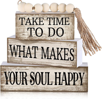 4 Pcs Farmhouse Tabletop Decoration Inspirational Tiered Tray Decor | Rustic Wooden Block Sign Take Time to Do What Makes Your Soul Happy Blocks with Beads Tassel,Home Shelf Centerpiece1