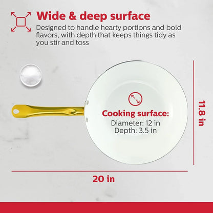 12-Inch White Ceramic Nonstick Wok with Lid - Gold Color and Stainless-Steel Handle, Versatile Gas and Electric Stovetop Compatibility, Golden Elegance7