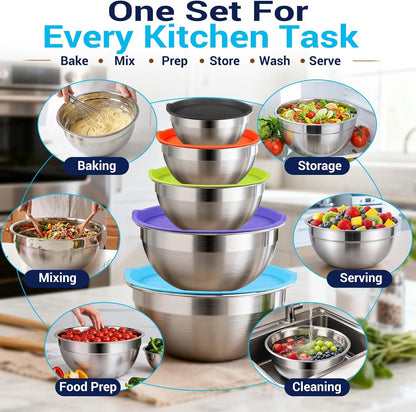 Mixing Bowls with Lid Set, 25PCS Kitchen Utensils Metal Bowl Stainless Steel Nesting Bowls, Measuring Cups and Spoons, Egg Whisk for Baking Prepping Cooking Serving Supplies6