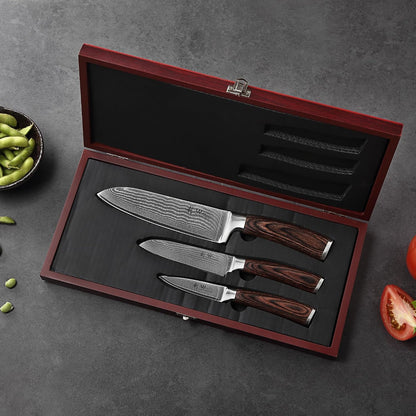 EDIB 3-Piece Damascus Kitchen Knife Set in Wooden Gift Box | VG10 Core, 67-Layer Genuine Damascus Steel, 60 ± 2 HRC, Santoku, Utility and Paring Knife, Pakkawood Handles5