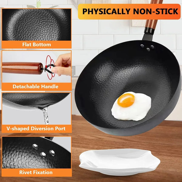 14 Piece Carbon Steel Wok Pan, Woks & Stir-Fry Pans Set with Wooden Lid Cookwares, No Chemical Coated Flat Bottom Chinese Pan for Induction, Electric, Gas, Halogen All Stoves - 12.6''6