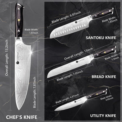 4 Pieces Professional Kitchen Knife Set, Damascus German Stainless Steel Chef Knife Set, 8" Chef Knife, 5" Utility Knife, 8" Bread Knife, 7" Santoku Knife, Gift for Men Women 20 Cm3