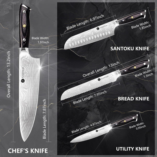 4 Pieces Professional Kitchen Knife Set, Damascus German Stainless Steel Chef Knife Set, 8" Chef Knife, 5" Utility Knife, 8" Bread Knife, 7" Santoku Knife, Gift for Men Women 20 Cm3