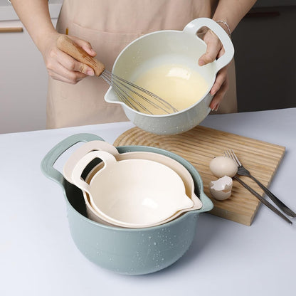 Mixing Bowls - 4 Piece Nesting Plastic Mixing Bowl Set with Pour Spouts and Handles - Non Slip Bottom and Measurement Markings (Light Green)4