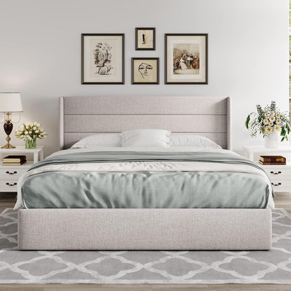 King Size Lift up Hydraulic Storage Bed Frame Light Beige7