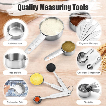 11 PCS Stainless Steel Measuring Cups Spoons Set, 5 Nesting Cups and 5 Stackable Spoons with 1 Leveler Measuring Tools Set for Dry Liquid Ingredients Cooking Baking4