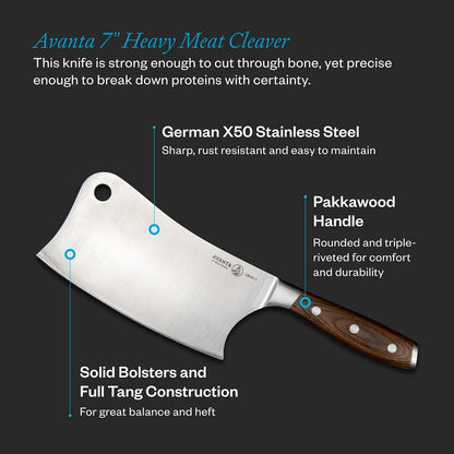 Avanta Forged 7” Heavy Meat Cleaver - German X50 Stainless Steel - Rust Resistant & Easy to Maintain2