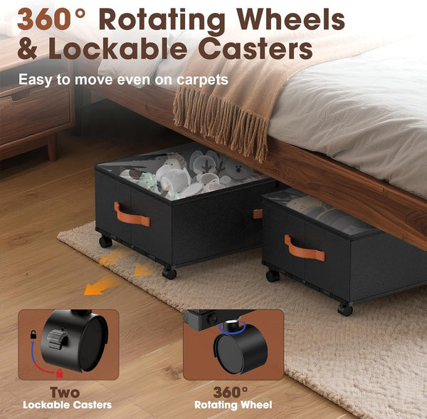 under Bed Storage Containers with Wheels, 9.5 Inches Higher Underbed Shoes Blankets Clothes Toy Storage Drawers for College Dorms Bedrooms Nursery Rooms Organization, 2 Pack to Be Assembled3