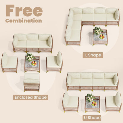 7-Piece Wicker Outdoor Furniture Set, Boho Sectional Sofa Patio Conversation Set with Washable Cushions & Glass Coffee Table, All-Weather Patio Furniture Set for Backyard, Porch, Cream4