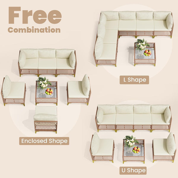 7-Piece Wicker Outdoor Furniture Set, Boho Sectional Sofa Patio Conversation Set with Washable Cushions & Glass Coffee Table, All-Weather Patio Furniture Set for Backyard, Porch, Cream4