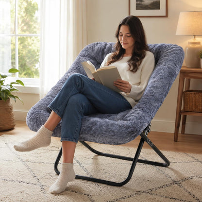 Oversized Square Moon Chair for Adults, Soft Faux Fur Folding Lounge Chair with Sturdy Steel Frame, Comfortable Reading Gaming Chair for Living Room, Bedroom, Grey5