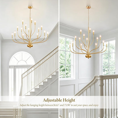 Brass Gold Chandelier, 15-Light Vintage Large Candle Style Chandelier Lighting, 37.4" Modern Farmhouse Dining Room Chandelier Light Fixture for Living Room Foyer Entryway High Ceiling Staircase8