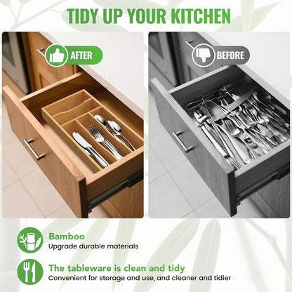 Small Silverware Organizer, Bamboo Kitchen Drawer Cutlery Organizer, Utensil Holder, Flatware Organizer Tray (6.7"X14.2"X1.6")3