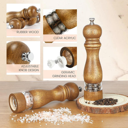 8Inch Salt and Pepper Grinder Set Manual Salt Pepper Shakers Wooden Pepper Mill Refillable with Adjustable Ceramic Grinding Core Acrylic Visualization Window Design 2-Pieces2