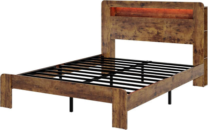 King Bed Frame Wood Platform with Storage Headboard LED USB No Box Spring8