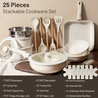 Nonstick Pots and Pans Set - Ceramic Cookware Set with Detachable Handle - 25 Pack Healthy Pans Set for Cooking - Stackable for RV Kitchen, Induction Ready - Dishwasher and Oven Safe5