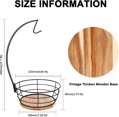 Countertop Fruit Basket Bowl with Banana Hanger, Modern Standing Fruit Vegetable Bowl Storage, with Banana Tree Holder for Kitchen Dinning Table (Round Wood, Black)2